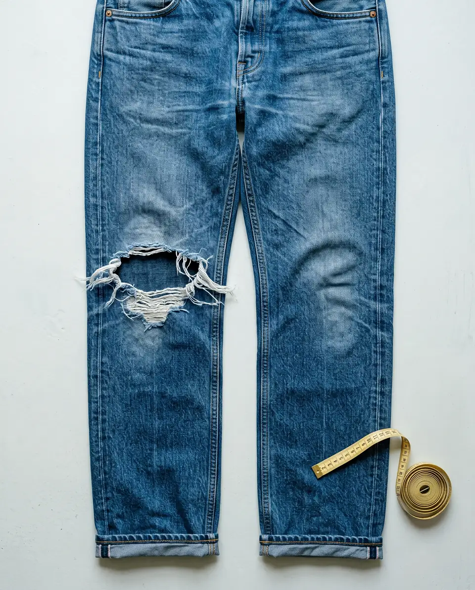 Illustration: jeans with a torn knee, and the same jeans mended with a neatly stitched patch.